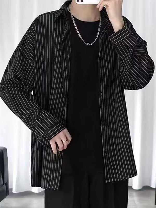 Рубашка в полоску с длинными рукавами мужская красивая черная повседневная рубашка