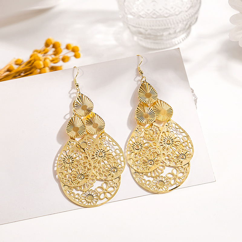 Cruz-frontera hueco metal multi-capa hoja pendientes vintage estilo étnico gota de agua ronda geométrica borla pendientes al por mayor