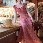 法式红色波点连衣裙夏季新款甜美蕾丝拼接高腰蝴蝶结度假风长裙潮