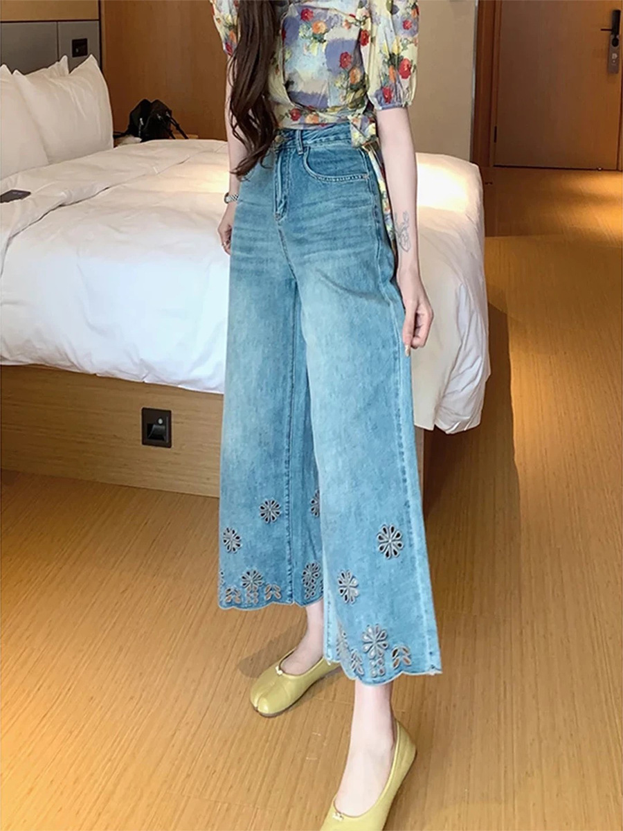 Diseño hueco grande nueve puntos jeans de verano para mujeres nuevos mm grasa suelta cintura alta delgada pantalones rectos de piernas anchas image 5