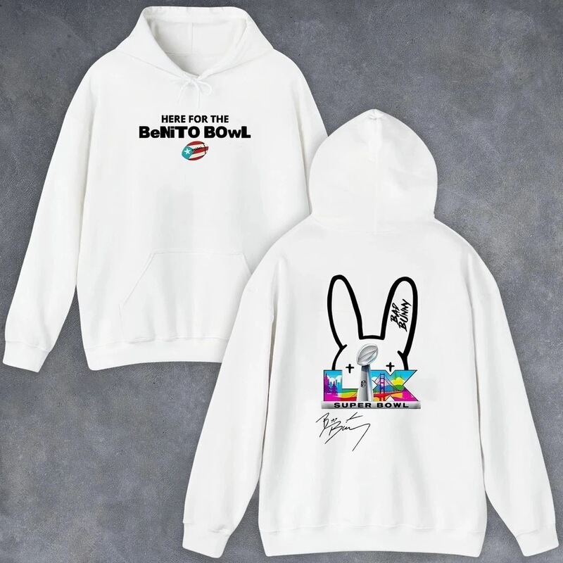 Bad Bunny Men's Street Hoodie with Super Bowl Design "Here for Benito Bowl" Graphic Sweatshirt Limited Edition Bad Bunny Men's Street Hoodie with Super Bowl Design "Here for Benito Bowl" Graphic Sweatshirt Limited Edition