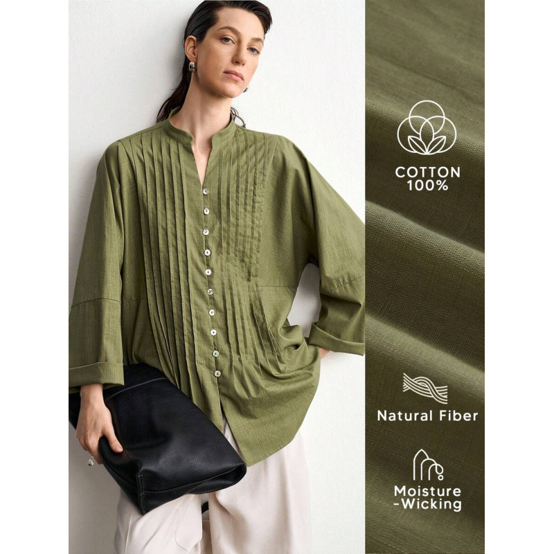 Amazon cross-border European-style autumn new collection: solid-color, stylish, pleated, single-breasted, stand-up collar, long-sleeved top/shirt for women Amazon cross-border European-style autumn new collection: solid-color, stylish, pleated, single-breasted, stand-up collar, long-sleeved top/shirt for women