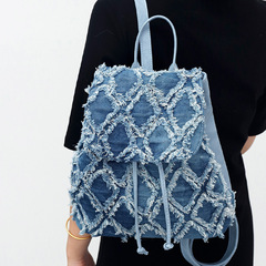 Cowhide shoulder bag cross-border hot-selling large-capacity women's quilting diamond flap backpack frayed fringe denim bag 