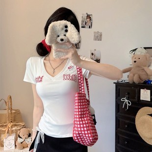 5113 # Pure Desire Hollow Kitty Cat Short Sleeve Right Shoulder T-Shirt Women's Summer V Neck Slim Fit Sweet and Spicy Short Top