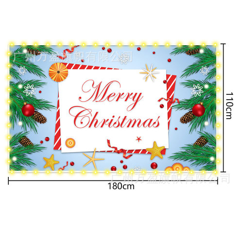 Cross-border new Christmas background cloth Christmas happy Christmas tree festival hanging decoration hanging cloth decoration hanging flag with light strip