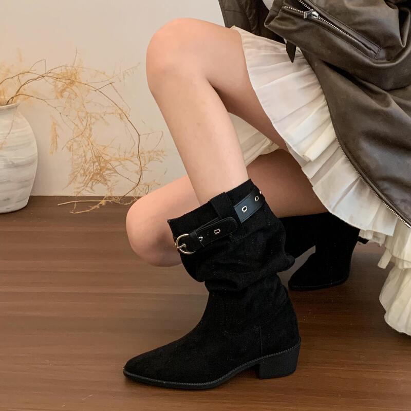 "美式慵懒"复古褶皱堆堆靴女秋冬尖头西部牛仔长靴粗跟中筒骑士靴|undefined