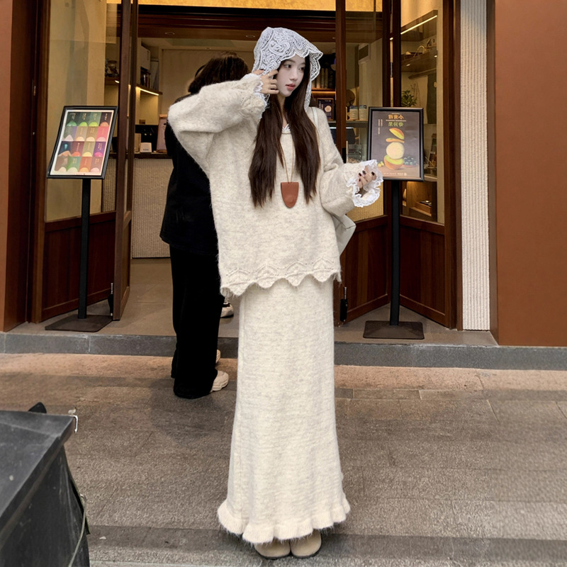 Korean Style Super Nice Winter Outfit Set, Gentle Knitted Sweater and Skirt Set, Autumn and Winter Outfit Skirt Two-Piece Set
