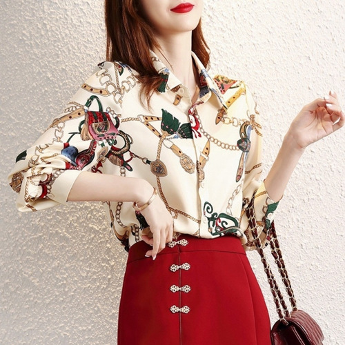 Chain Print Blouse 2025 Spring Chiffon Top Luxury Women's Shirt