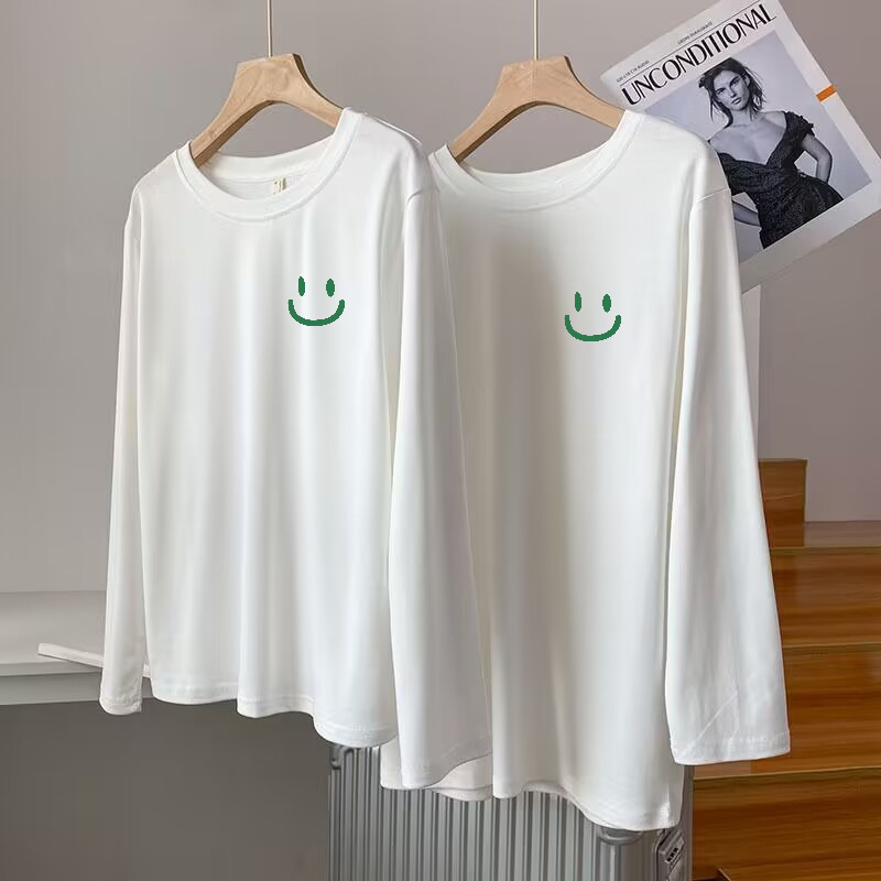 新疆纯棉长袖t恤女装重磅宽松内搭印花全棉打底t恤衫外贸批发代发