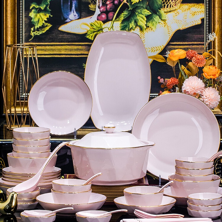 Dish Set Household 2025 New Ceramic Plate Bowl Set Pink Bowl Plate Bowl and Chopsticks Accessible Luxury Tableware