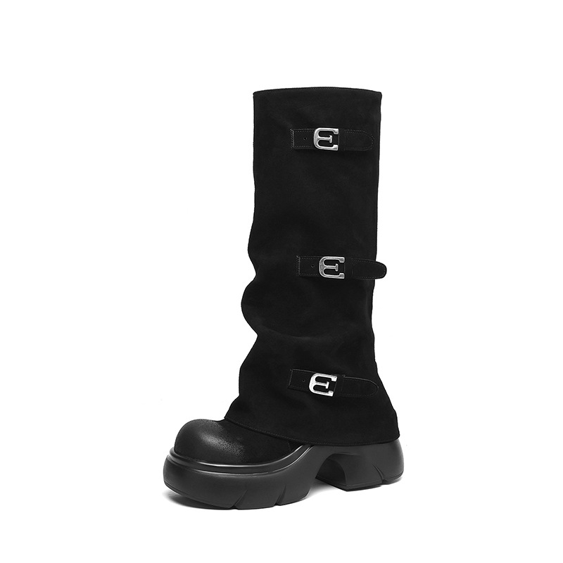 Boot nữ da lộn đế dày phong cách biker, gót platform 5 cm — màu đen
