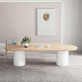 纯实木椭圆形会议桌长条桌现代办公书桌家用白蜡木餐桌简约工作台