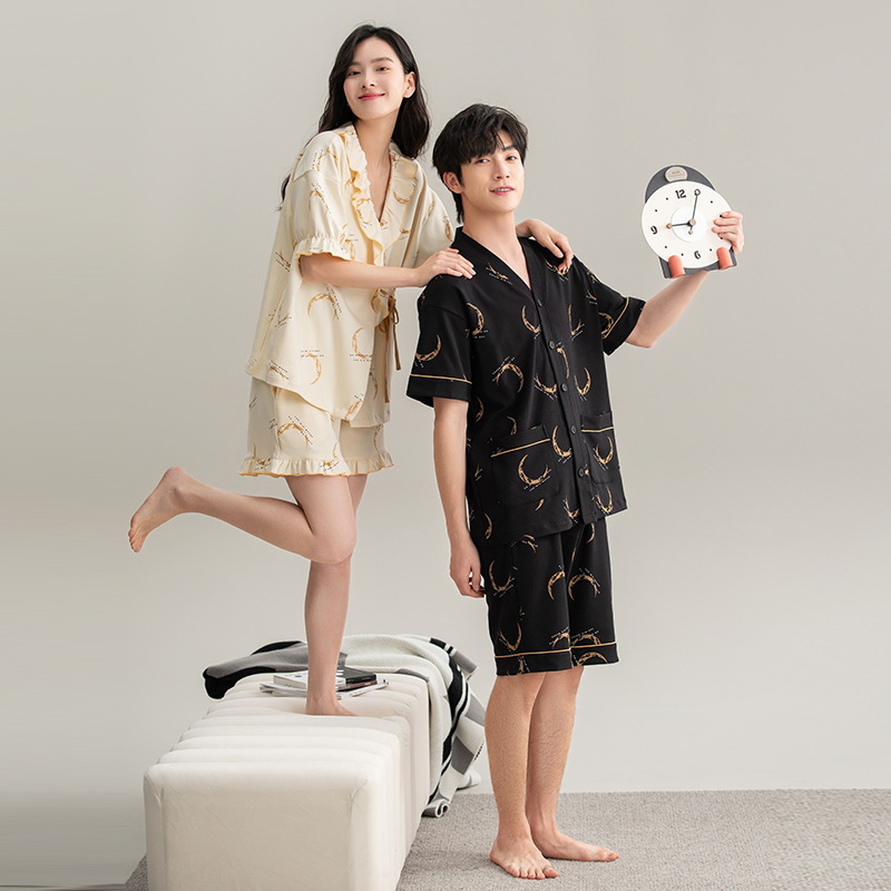 [7A antibacteriano] Pijamas de pareja primavera y verano algodón kimono de manga corta cárdigan con cuello en V traje de servicio a domicilio para hombre