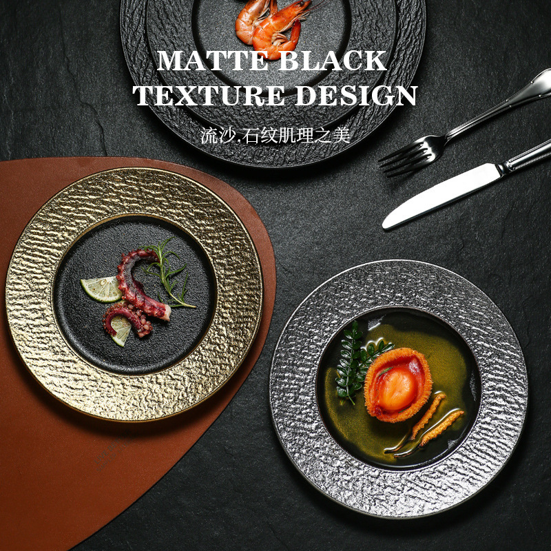 Creative Black Ceramic Plate Dish Household Tableware Western-style Steak Dinner Plate Hotel High-end Light Luxury Flat Plate