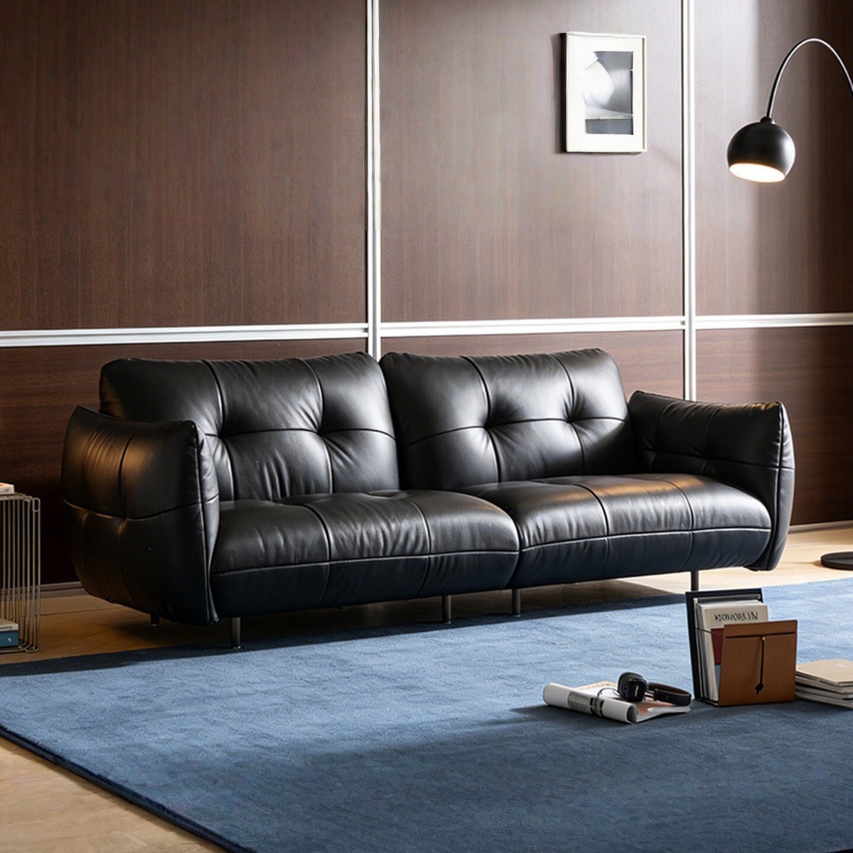 Concepto minimalista sofá Walker estilo francés salón de estar sofá de cuero retro sala de estar para tres personas arte de cuero negro medieval lujoso