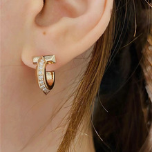 T1耳钉半环耳圈纯银镀18K玫瑰金色系微镶锆石切割轻奢满钻耳环t家