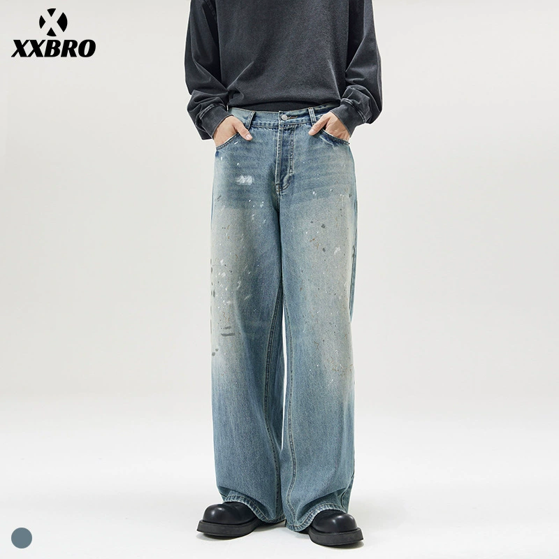 мужской # Джинсы прямого кроя с эффектом потертости и рваными элементами в стиле ретро от американского трендового бренда, весенняя коллекция.