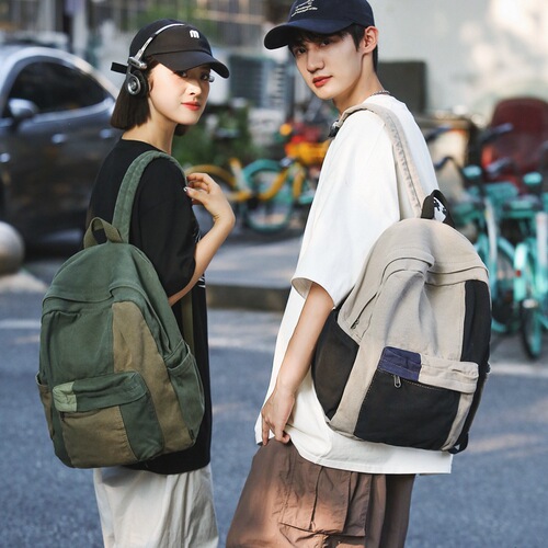 Japanese Retro Forest Canvas Double Shoulder Bag for Women, School Bag, Ins Color Clash, Unique Leisure Student Backpack