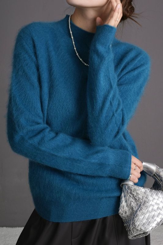 嘉兴市濮院毛衫厂半高领套头针织女式毛衣宽松慵懒女羊绒拉绒毛衣|undefined