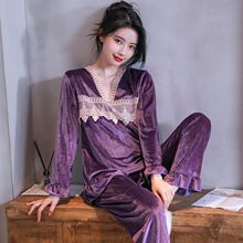 厂家金丝绒4XL大码高档钻石绒睡衣女秋冬季长袖甜美纯色家居服套