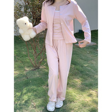 实拍2026春季韩系条纹简约针织弹力三件套居家睡衣套装带胸垫批发