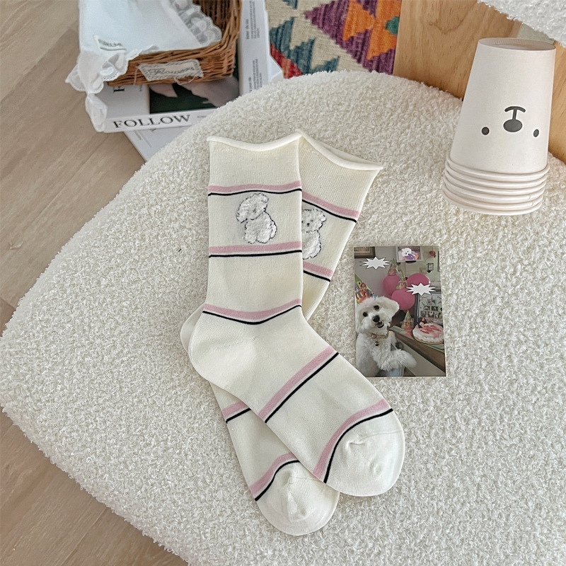 纯棉袜子女秋冬新款条纹卷边西高地可爱卡通狗中筒女袜堆堆袜批发|undefined