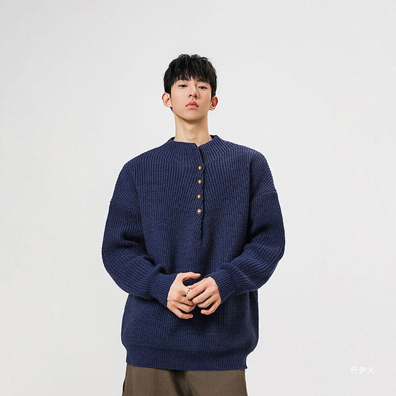 Trendy Buttoned Autumn and Winter Casual Loose Vest Knitwear High-Neck Sweater for Men, Semi-Old Money Style, Lazy Vibe, Couple's Style