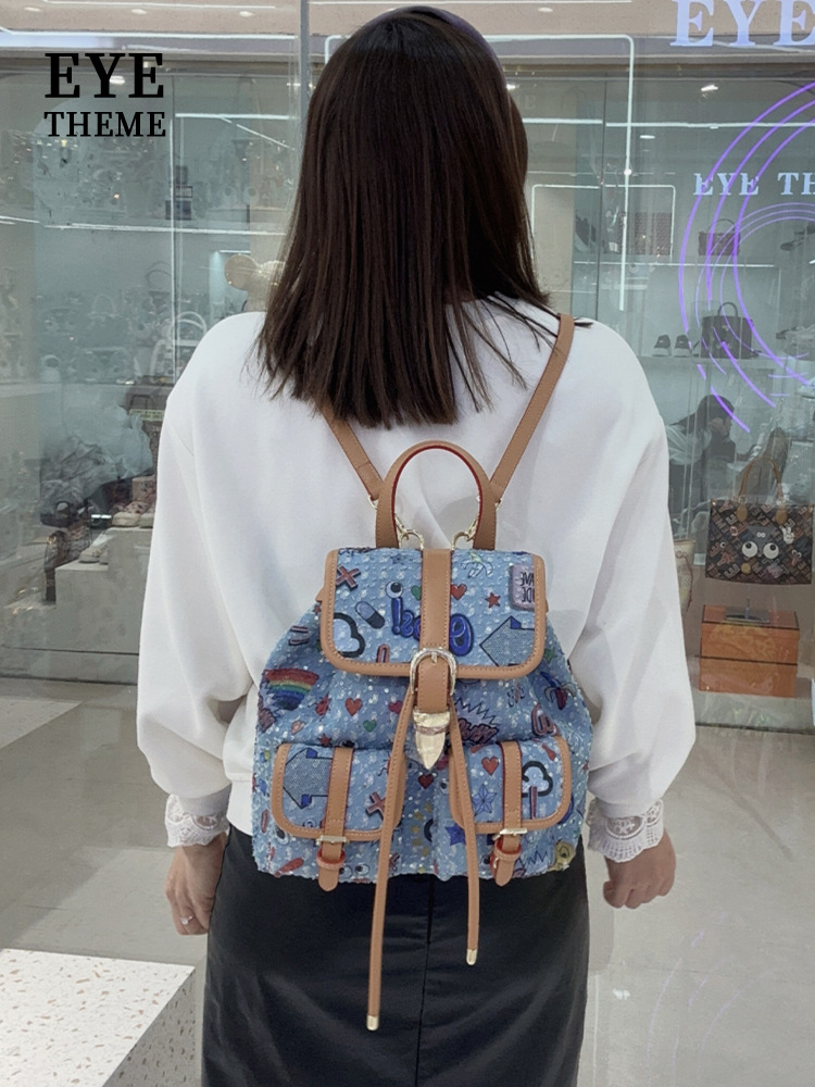 Color de contraste de flip de gran capacidad de bolsillo independiente de denim bolsas bordadas de viaje de estudiantes impresión 2711 #