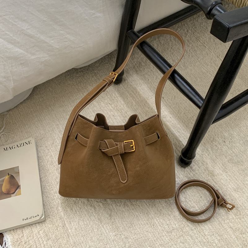 Niche Retro Market Basket Tote Bag For Women 2025 New Suede Brown Bucket Bag Shoulder Crossbody Cloud Bag - Thumbnail 8