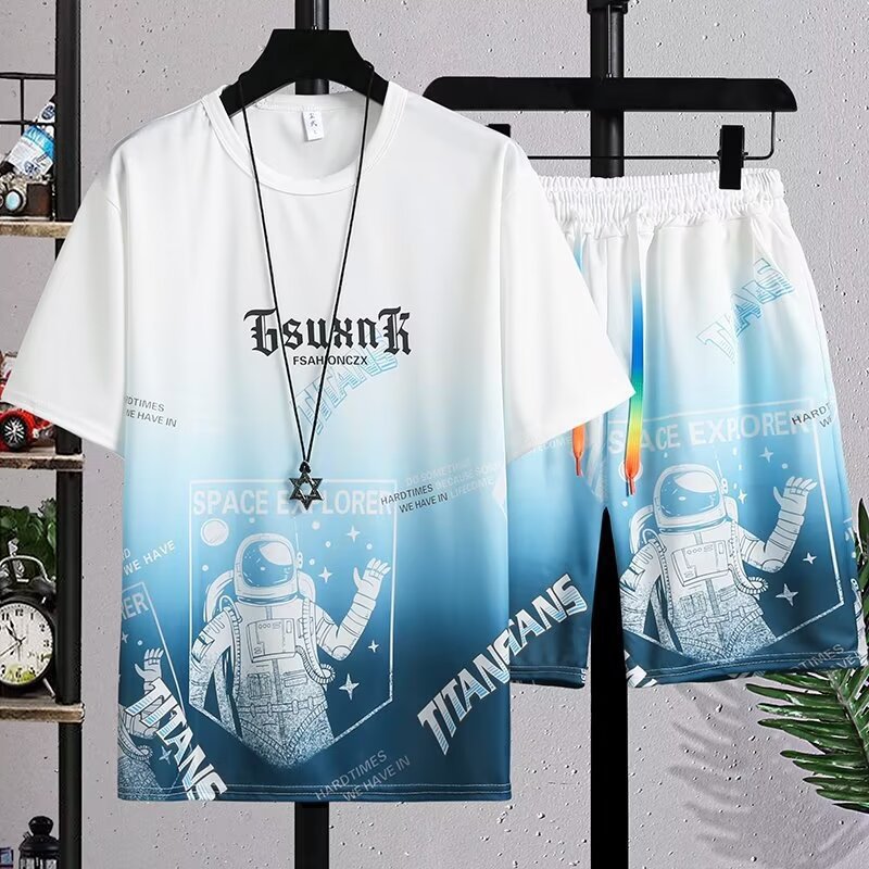 Gradient Casual Suit Summer Men's Ins Trendy Youth Sports Simple Versatile Breathable T-Shirt Shorts Two-Piece Set