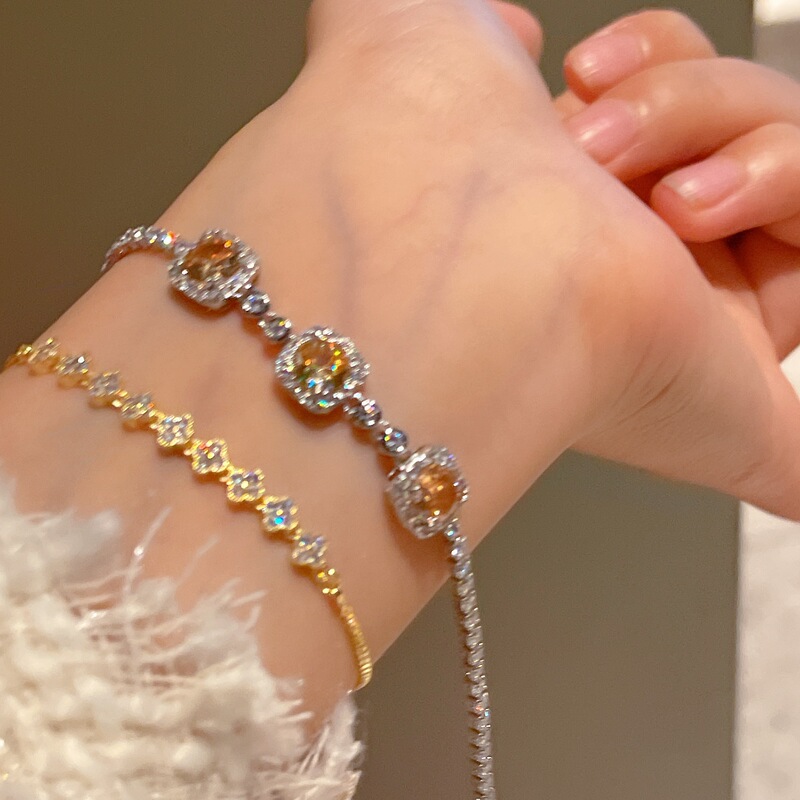 Colorful silver champagne square bracelet 2023 citrine full zircon bracelet exquisite elegant light luxury hand