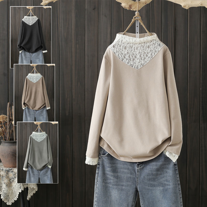秋冬大码蕾丝拼接半高领打底衫女内搭牙签条德绒t恤百搭长袖上衣