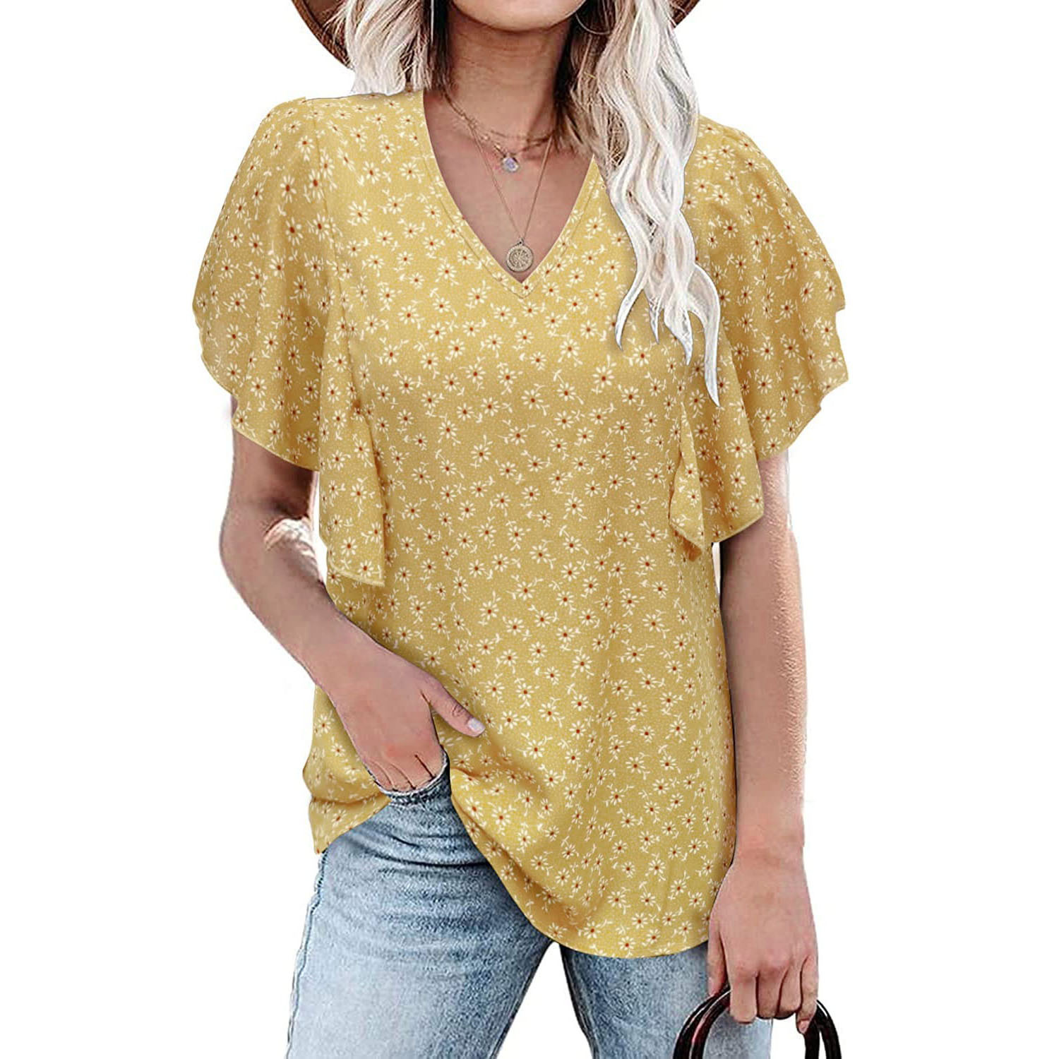 V-neck floral/leopard print pleated short-sleeved loose top NSLZ130375