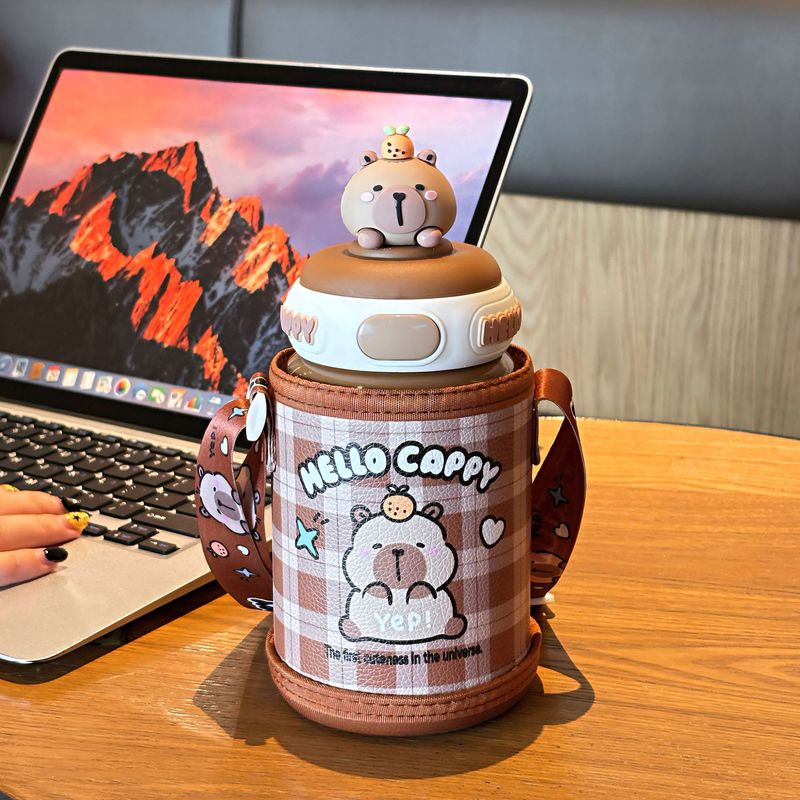 卡皮巴拉保温杯可爱儿童吸管杯上学专用316不锈钢防摔斜跨大肚杯|undefined