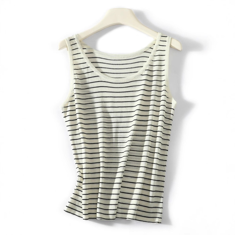 Intransparent Lyocell Linen Sling Women's Summer New Style Outer Wear Inner Sleeveless Base Top Striped Crewneck Vest