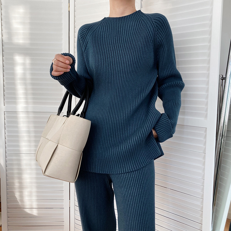 Women's Knitted Sweater Co-ords And Wide Leg Pants Two Piece Set_voghion.com