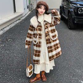 女童复古格子毛呢大衣中长款夹棉2024冬季娃娃领儿童加厚保暖外套