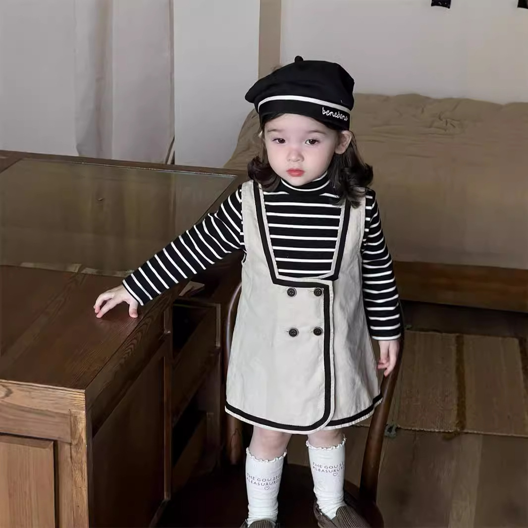 Set de otoño infantil coreano ropa infantil ropa de bebé camiseta de fondo a rayas de camisa de cordillera vestido set