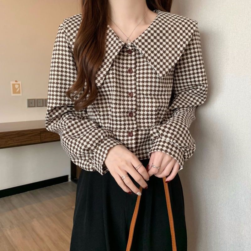 千鸟格娃娃领衬衫女春季2025新款设计感小众衬衣长袖复古短款上衣
