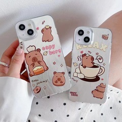 羽纱カピバラ漫画風iPhone16promax/Apple14スマホケース カップル向け13個性的シェルケース