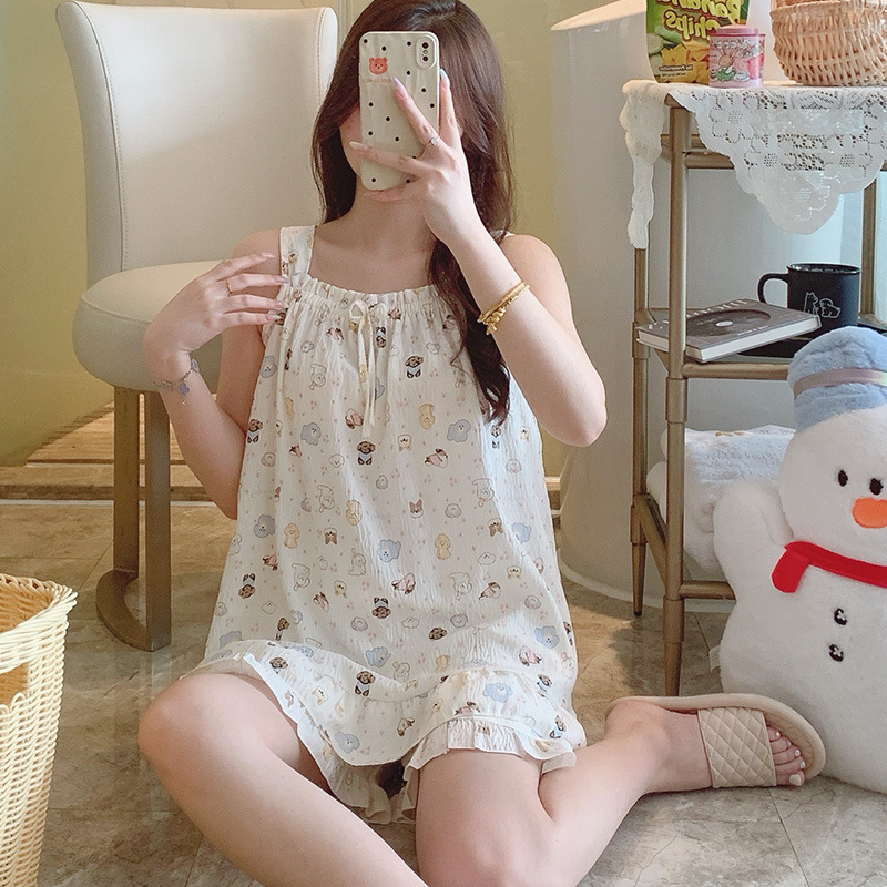 Venta al por mayor transfronteriza verano nuevo estilo tirantes pantalones cortos pijamas mujer nube algodón creativo lindo estampado ropa para el hogar se puede usar afuera