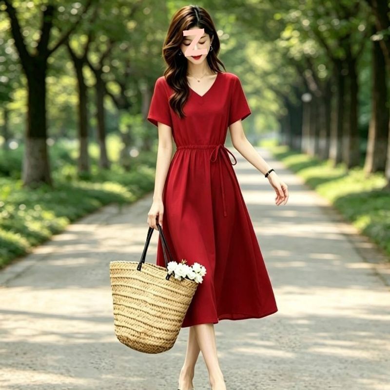 V-neck cotton silk dress, mid-length, elegant, slimming, waist-cinching, solid color, tie-waist, A-line beach dress
