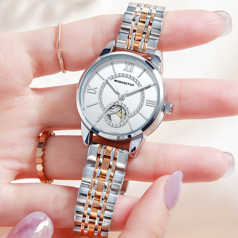 Factory Direct trend automatic Diamond women's mechanical watch fashion hollow movement waterproof steel strap watch