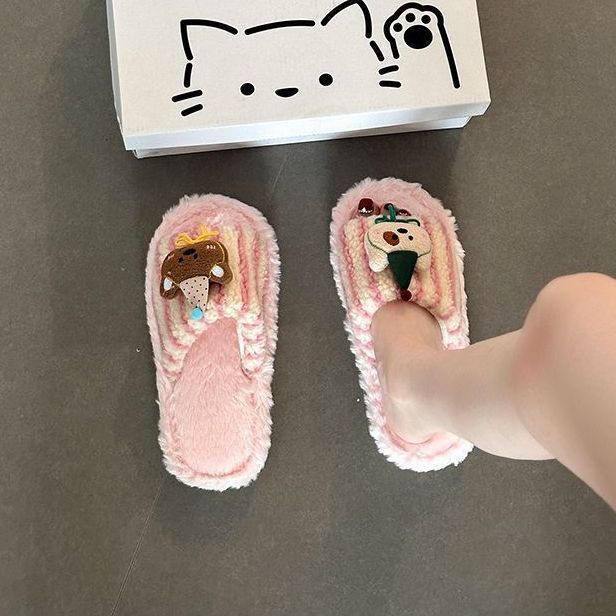 Moda versátil estilo retro lindas zapatillas de pelo de oso damas 2026 otoño y invierno nuevas zapatillas de algodón de peluche a rayas image 5