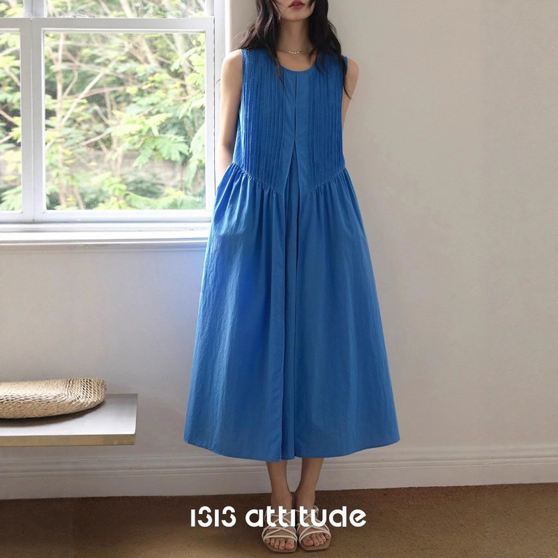1313 Klein Blue Color That Enhances Complexion~ Eye-Catching Heavy-Duty Sleeveless Tank Dress in Blue for Women, Summer Vacation Tencel Dress