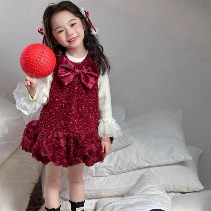 Qianqiu vestidos rojos de niñas más vello otoño y invierno nuevo estilo extranjero bebé arco chaleco princesa Año Nuevo