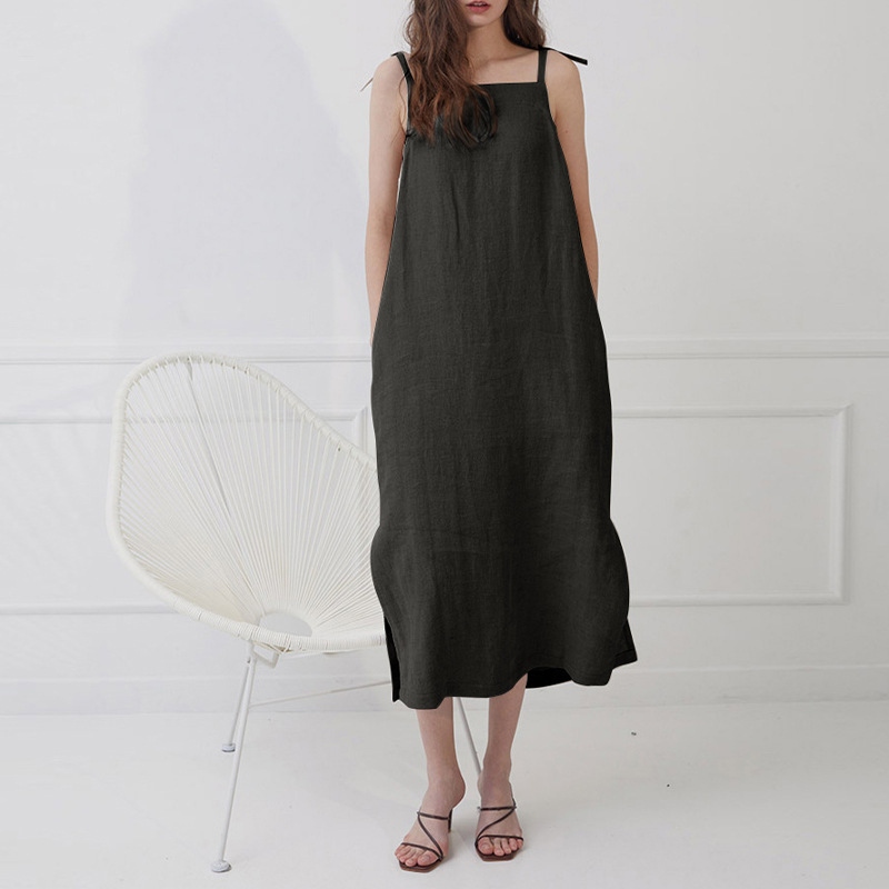 【Clearance Bargain】Pure Linen Tie-Up Dress, Designed for Layering, Sleeveless Strap Dress, Slimming, Slit Mid-Length Dress