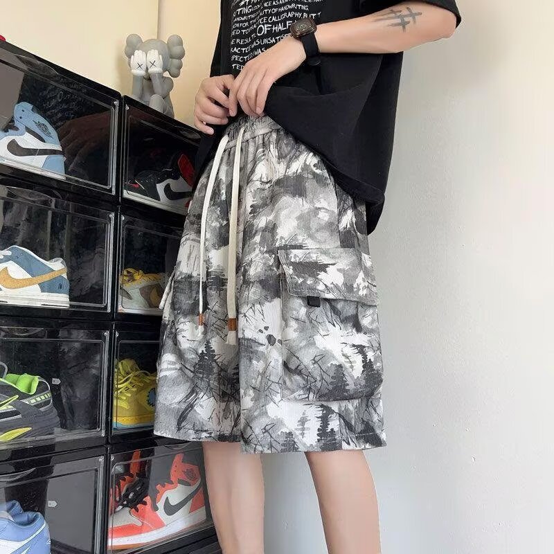 Ink Painting Tie-Dye Cargo Shorts Men's Summer Flap Pocket Pants Design Trendy Brand Loose Casual Five-Point Pants Student Beach Pants