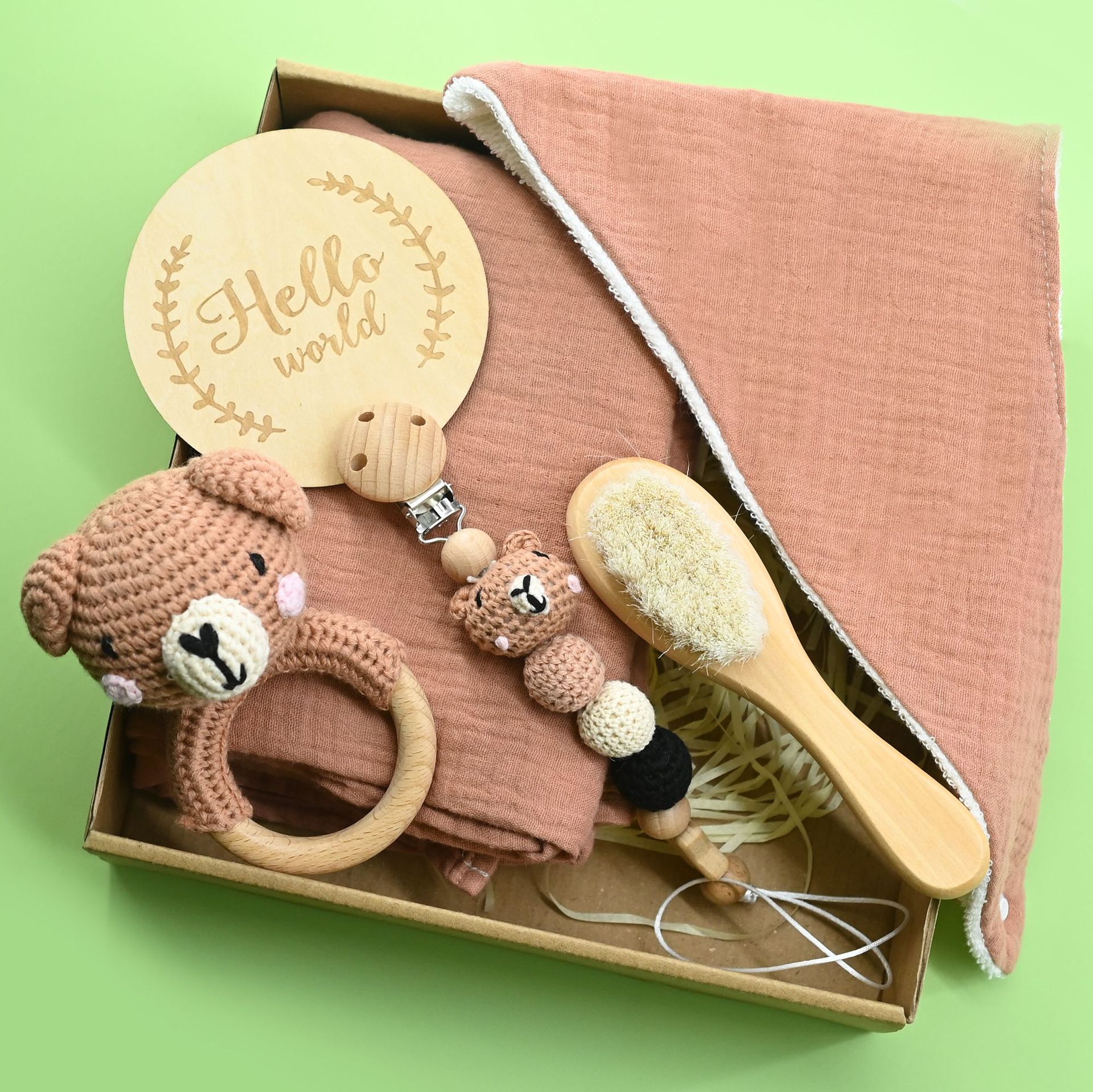Nuevo bebé animal crochet campana de madera caja de regalo de nacimiento juego cadena de chupete bebé nacimiento luna llena regalo