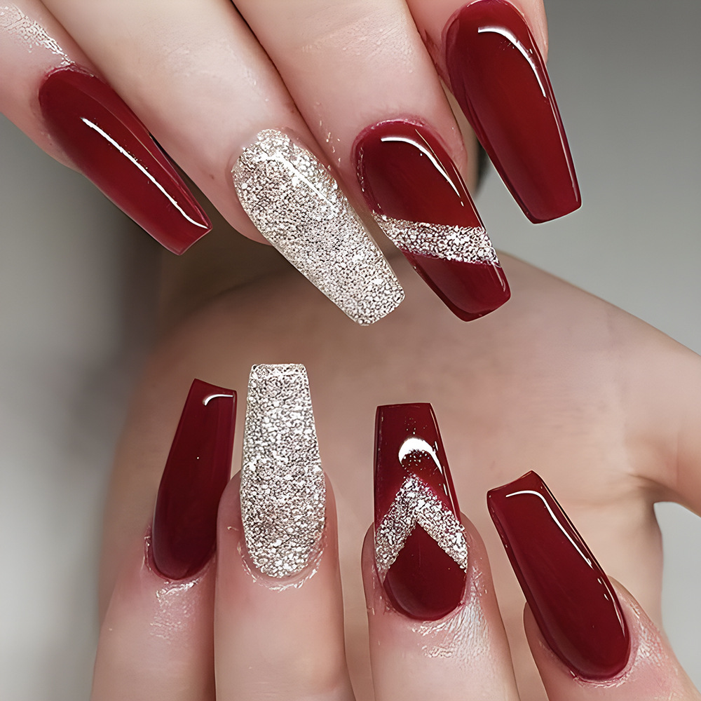 Celebración de Año Nuevo para usar un parche de uñas de polvo brillante de venta caliente transfronteriza de ballet de uñas rojo vino temperamento blanco parche de uñas image 1